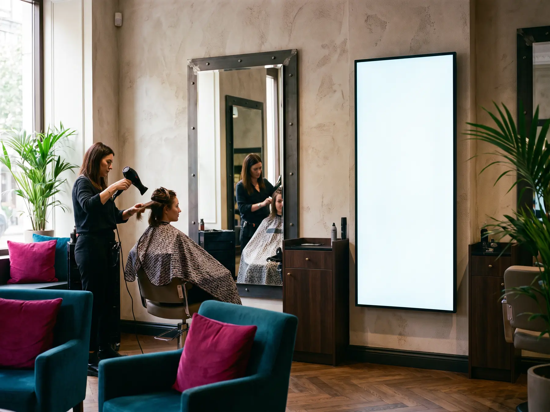 Friseurin föhnt einer sitzenden Kundin die Haare; direkt neben dem Spiegel hängt ein digitaler Werbescreen flach an der Wand.